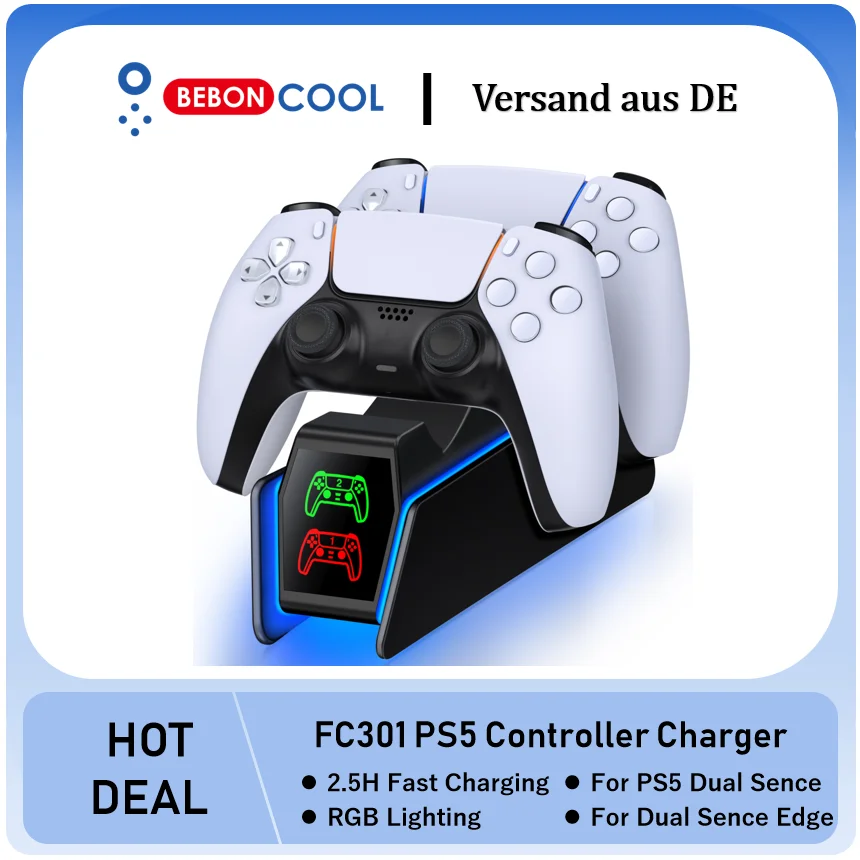 BEBONCOOL FC301 RGB Controller Charging Station For PlayStation 5 Dual Fast Charger LED Indicator Charging Stand Docking Station