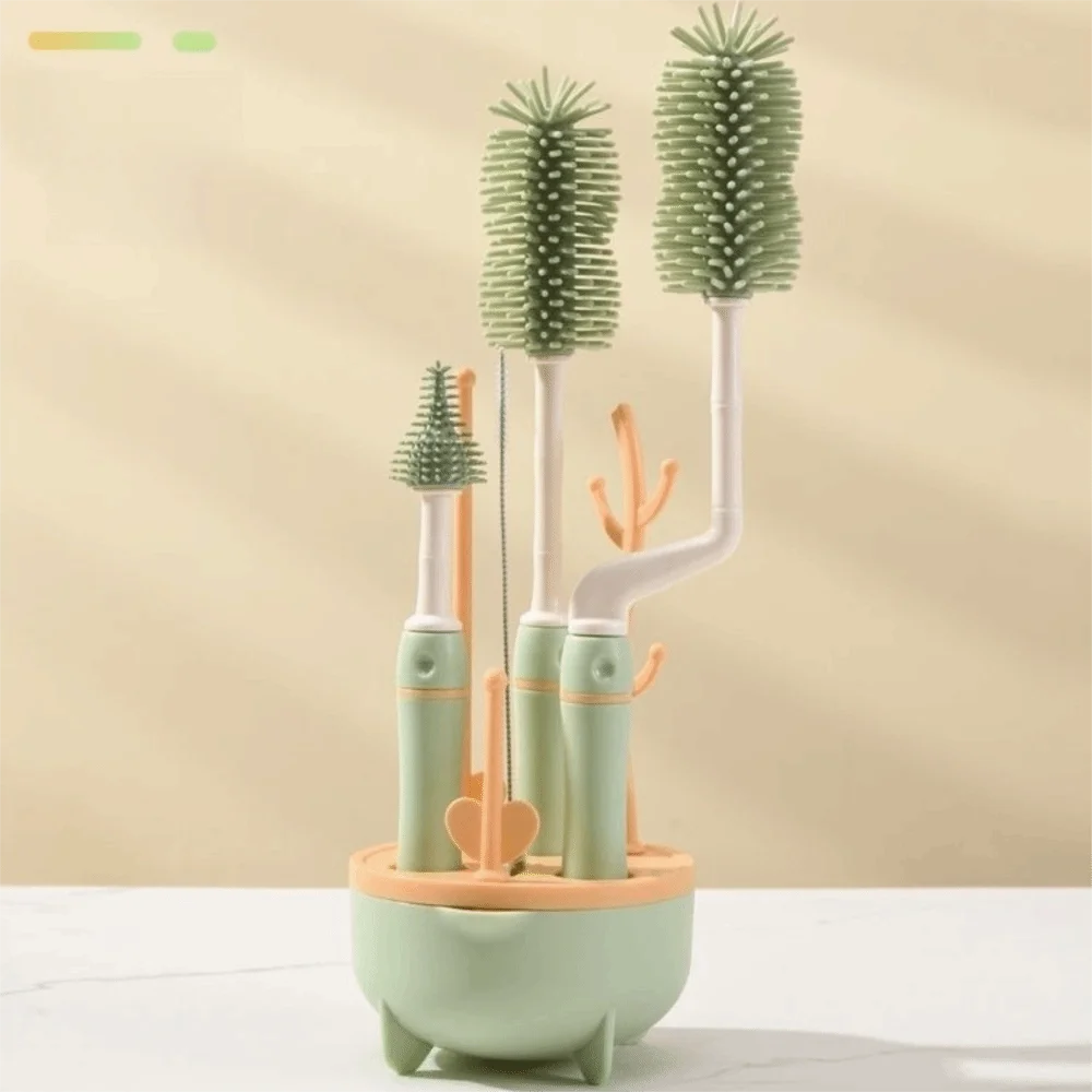 

Baby Silicone Bottle Brush Long Handle Cleaning Brush Drying Rack Combination 360-degree Rotating Cleaning Bottle Brush Set