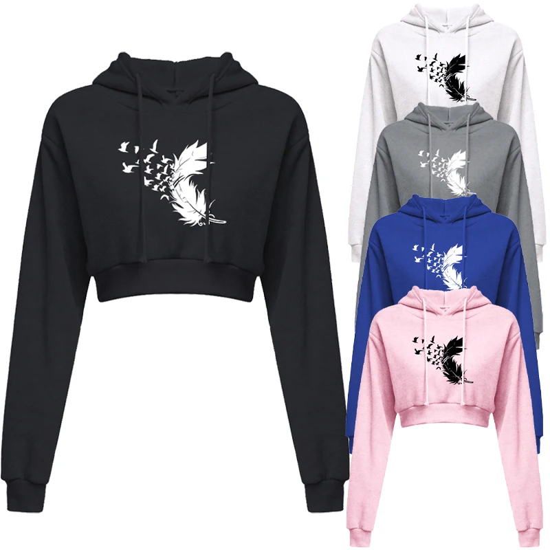 

Women Casual Feather Print Long Sleeve Sweatshirts Ladies Autumn Thin Hoodie Cropped Hoodies