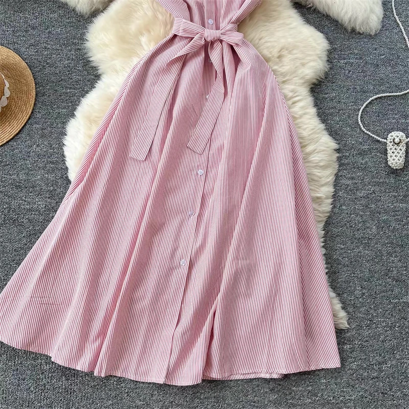 Damen Sommerkleid, neu, gestreift, mit Bindegürtel, schmal geschnitten, ärmellos, Midikleid, lässig, elegant, für Büro und Freizeit, mit Taschen, DR1970 – Detail 12