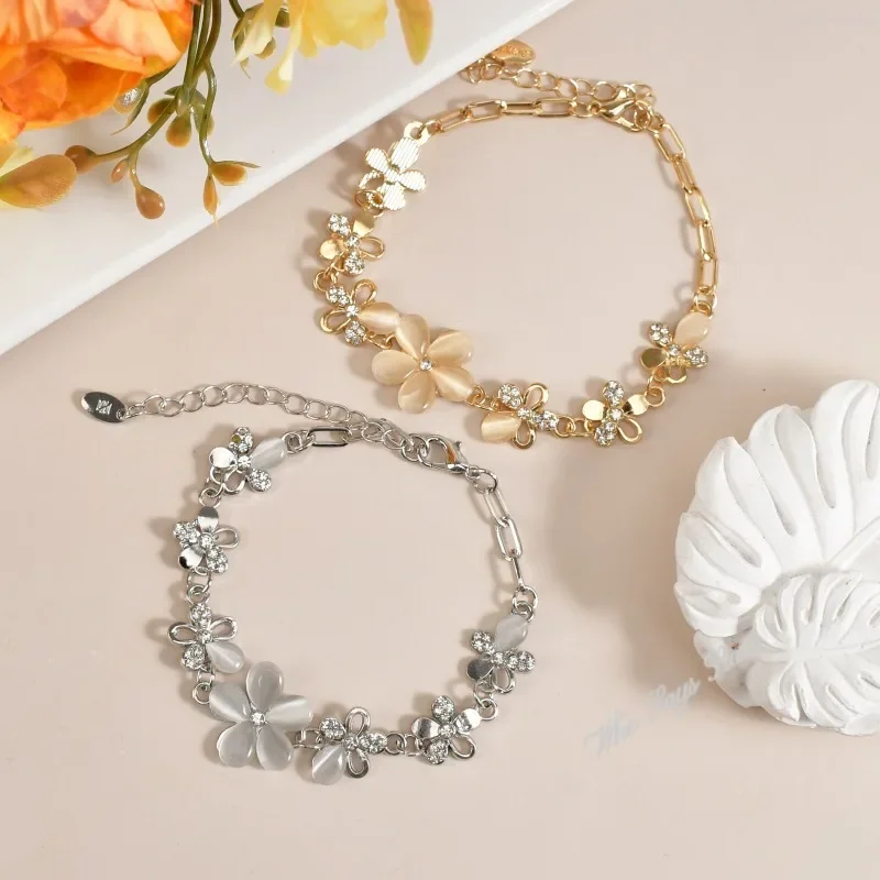 Stainless Steel Bracelet for Women Lucky Flower Summer Bracelet Crystals Chain for Woman Valentines Gift Wedding Party Jewelry