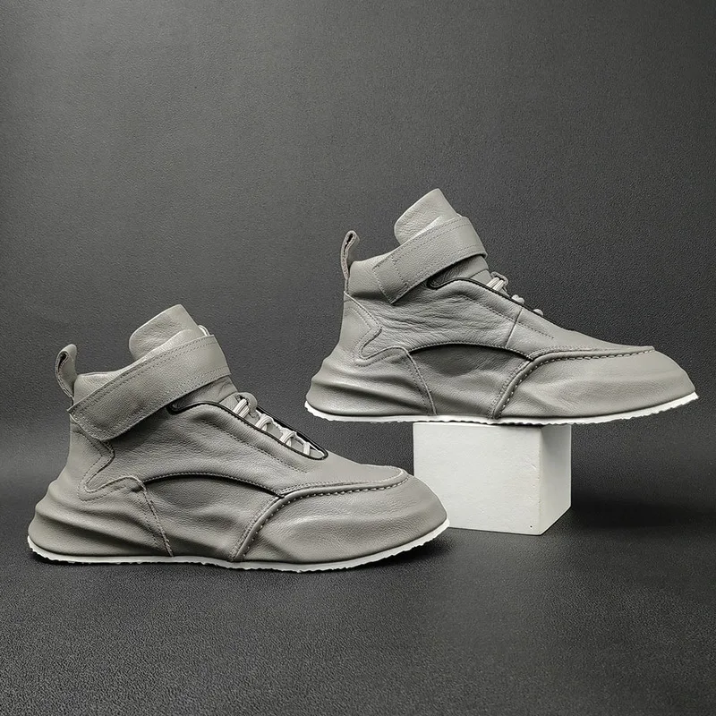 Autumn Winter  Men's Layer Cowhide Trendy Bag Sole Niche High Top Shoes Men's Casual Shoes Leathers Suede Loafers Men's Sneakers