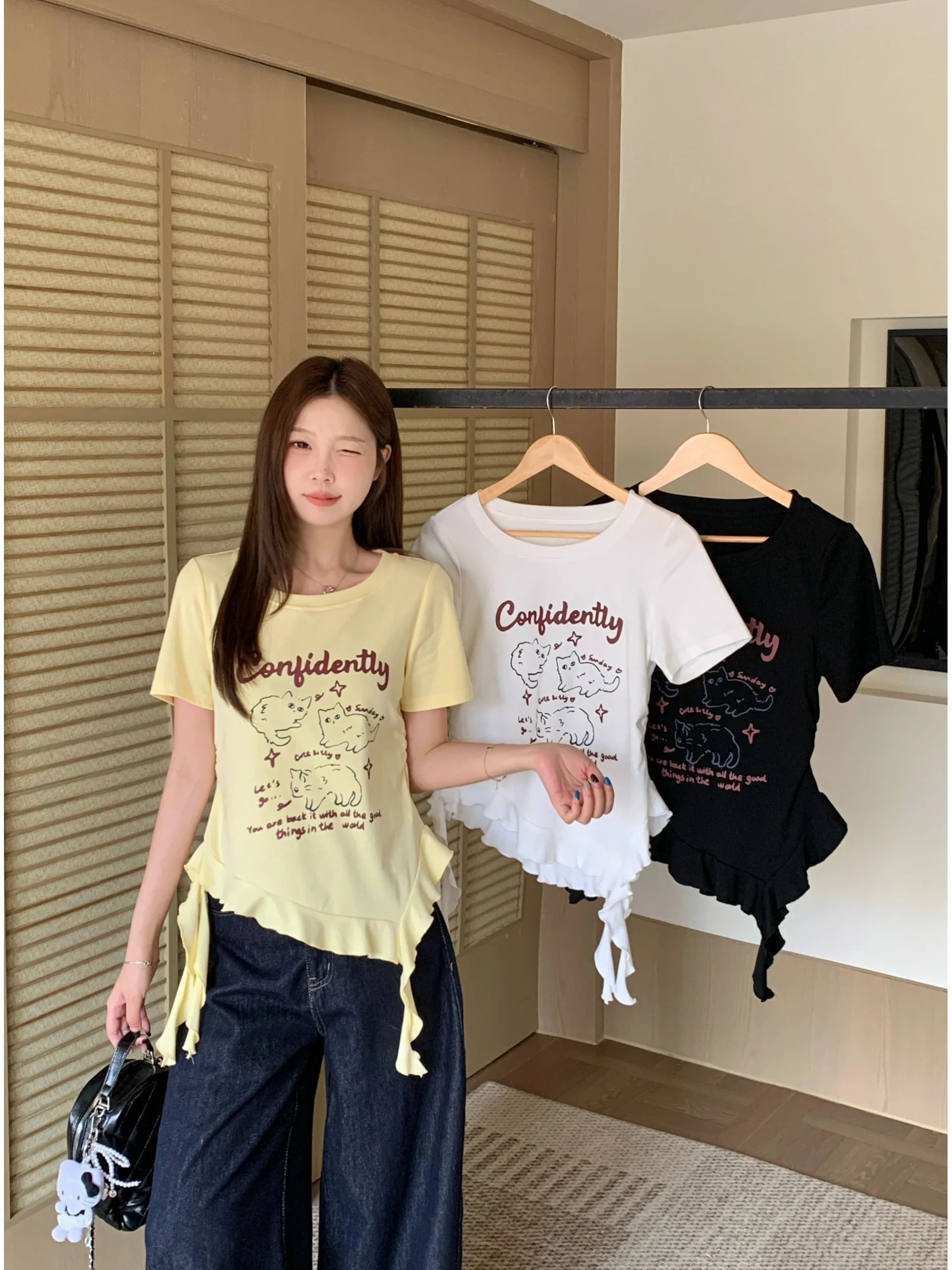 

plus Size Women's Short Sleeve T-Shirt Cartoon Print Summer New Style Ruffle Design Slimming Versatile Top Korean Style C...