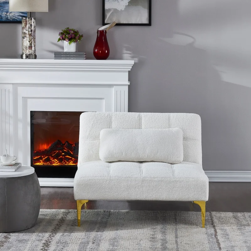 

Modern Convertible Sleeper Couch in Teddy Fabric White Single Sofa Bed with Gold Metal Legs and Adjustable Back for Small Spaces
