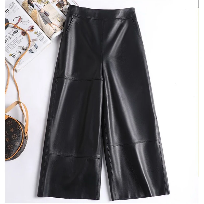 Genuine Leather Pants For Women Autumn/Winter Fashion Commuter Style Versatile Slim Line Design Wide Leg Straight Black/Brown