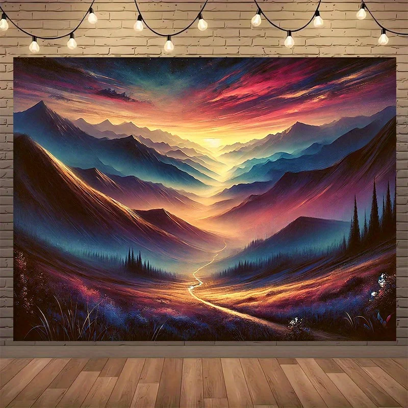 1pc Large 8x6 Feet Mountains Landscape Wall Tapestry - Vibrant Sunrise/Sunset Sky with Mountains, Purple Pink Orange Yellow Gree