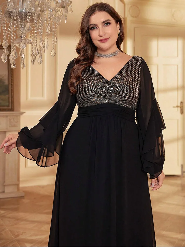 Plus Size 4XL5XLV Neck Gold Black Sequined Chiffon Long Sleeve Spring Plus Size Evening Dress Big Size Floor Dress for Women