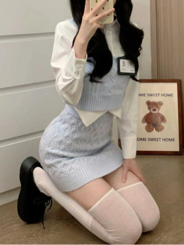 Winter Kawaii Knitted Three Piece Set Women Japanese Party Mini Skirt Suit Female Korean Fashion Y2k Sweet Sweater Set 2023 New