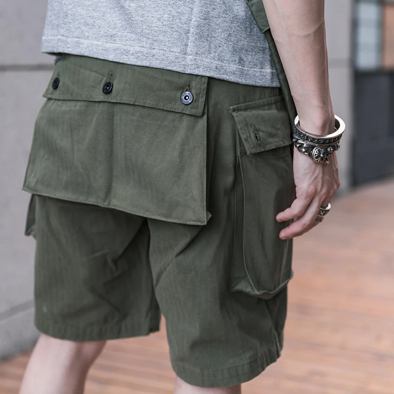 

New Herringbone Twill Shorts with Multiple Pockets Men's Army Green Shorts