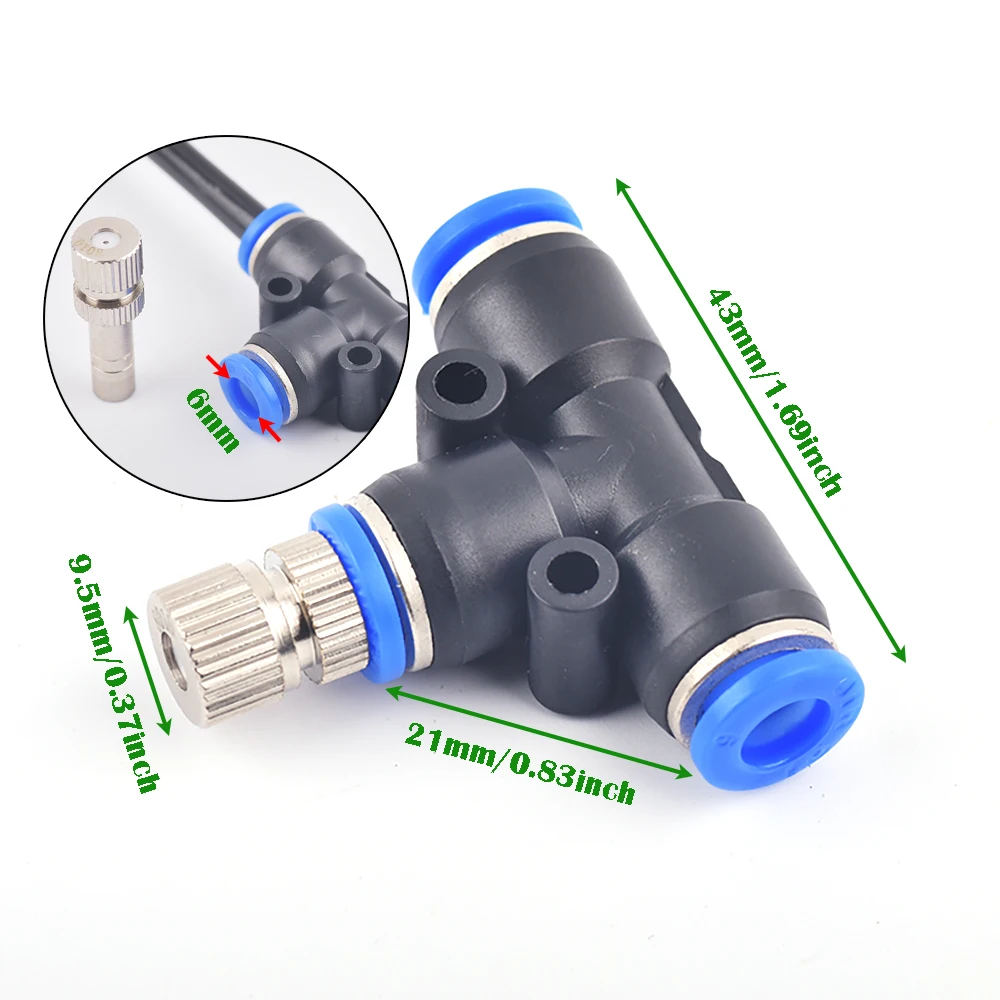 6mm Atomization Misting Fog Nozzles with 6mm Quick Access Tee Connector Garden Landscaping Irrigation Sprayers 5Pcs