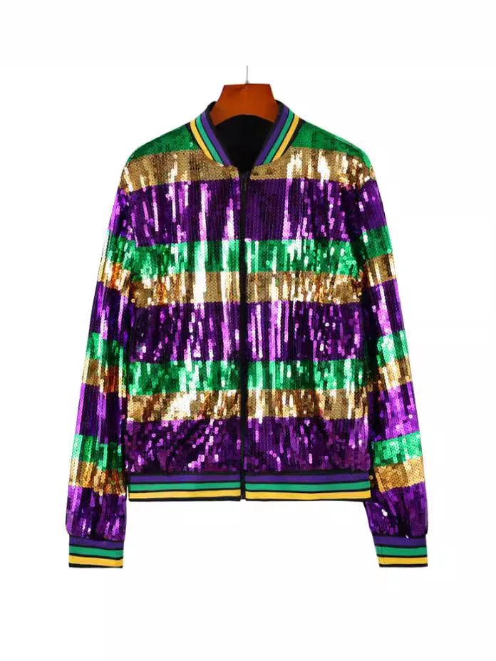

Зелено-фиолетово-желтая полосатая куртка с пайетками, блестящая бейсбольная куртка, куртка-бомбер для фестивалей и вечеринок, блестящее пальто для Рождества
