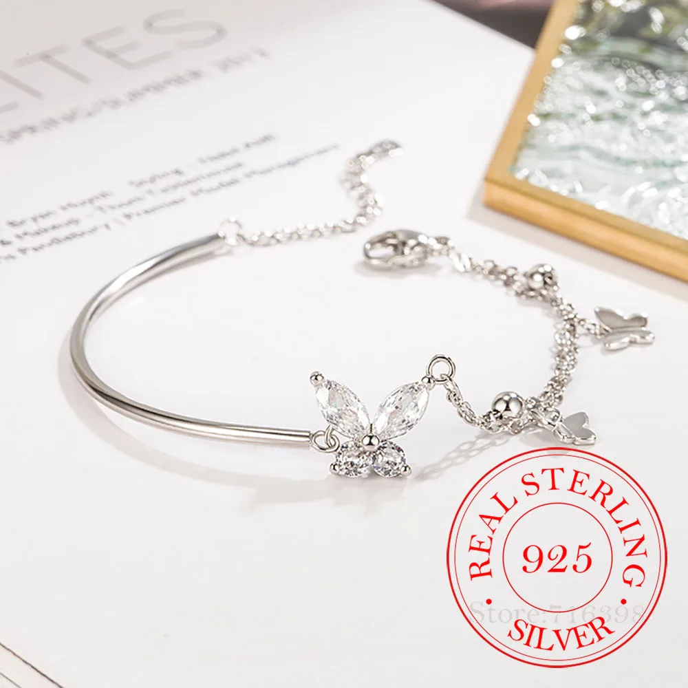 925 Sterling Silver Luxury Crystal Butterfly Charm Chain Bransoletka dla kobiet Srebrne bransoletki na szczęście 925 Biżuteria ślubna na imprezę Prezent