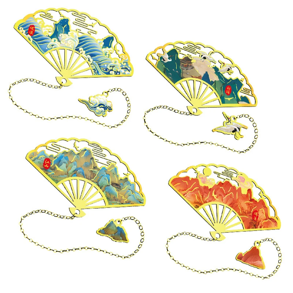 4pcs Metal Book Mark Chinese Traditional Landscape Painting Bookmark with Tassel for Book Lovers Reader Gift Aesthetic Bookmarks