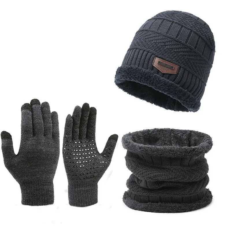 3 Pcs Men's Winter Three-Piece Windproof Hat, Outdoor Scarf, Gloves, Neckline, Cashmere Insulated Knit Hat