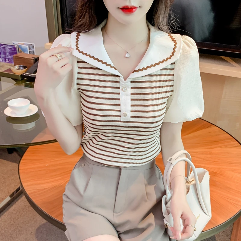 

Women's 2025 new summer ice silk striped t-shirt fashionable and stylish doll collar bubble sleeve versatile commute top