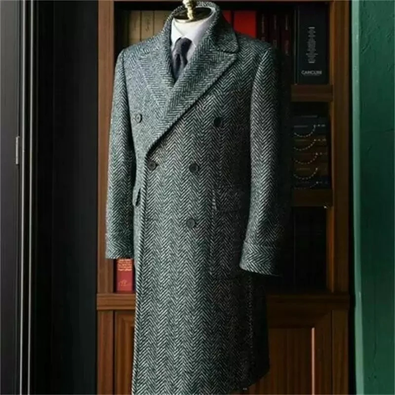 Formal Herringbone Men Suits Winter Long Coat Woolen Overcoat 1 Piece Blue Double Breasted Business Thick Cashmere Jacket