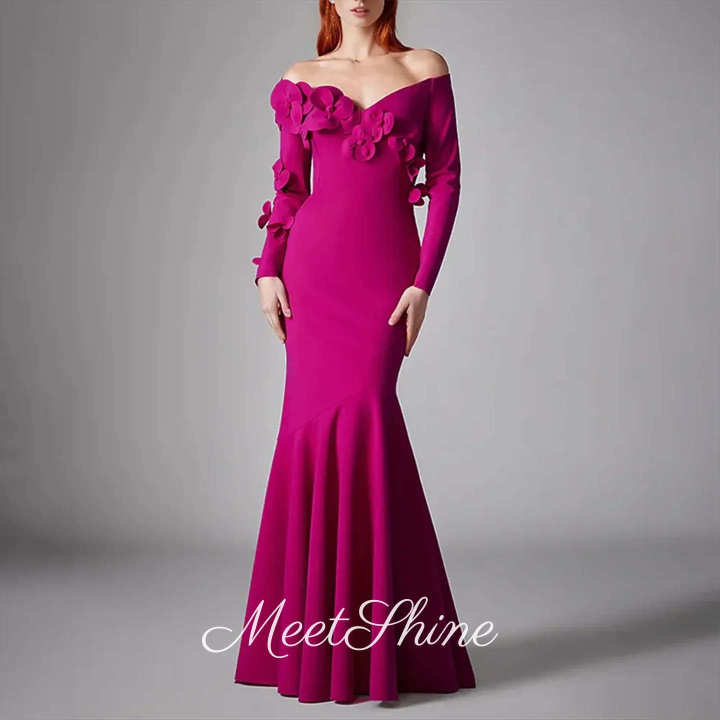 

Modern Long Sleeve 3D Flower Evening Dresses Simple Off the Shouler Mermaid Satin Prom Dress Saudi Arabia Party Dress Customized