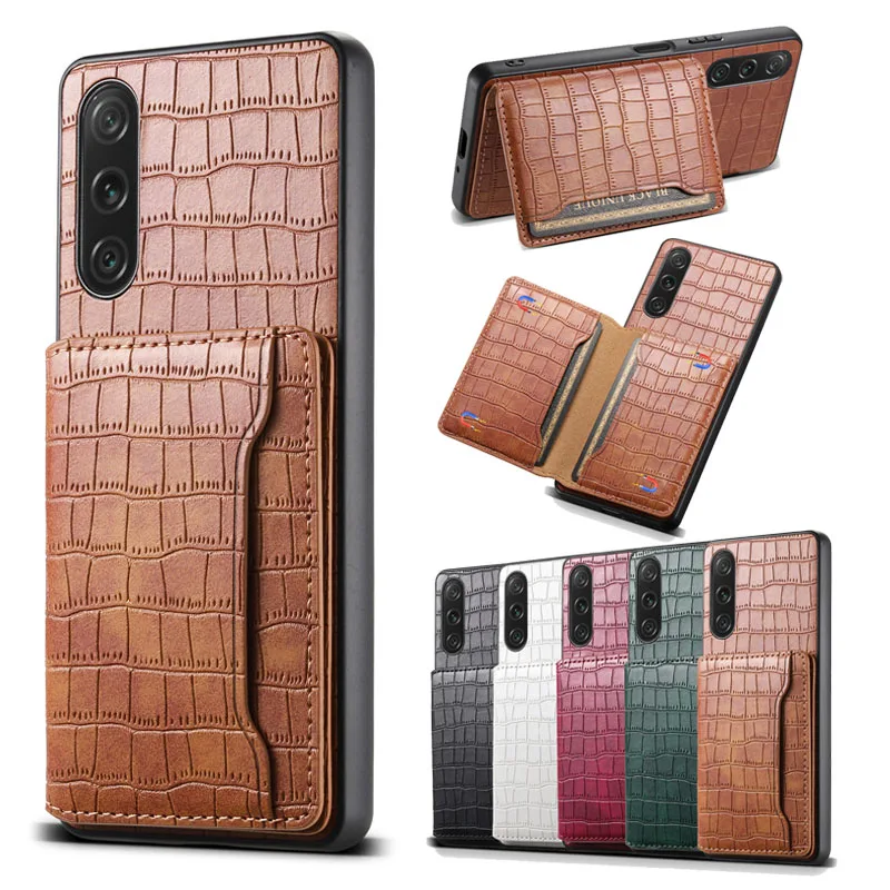 EUCAGR Luxury Multifunctional Crocodile Pattern Leather Case Coque For Sony Xperia 1 5 10 IV 1V 10V 5III Holder Shell Cover