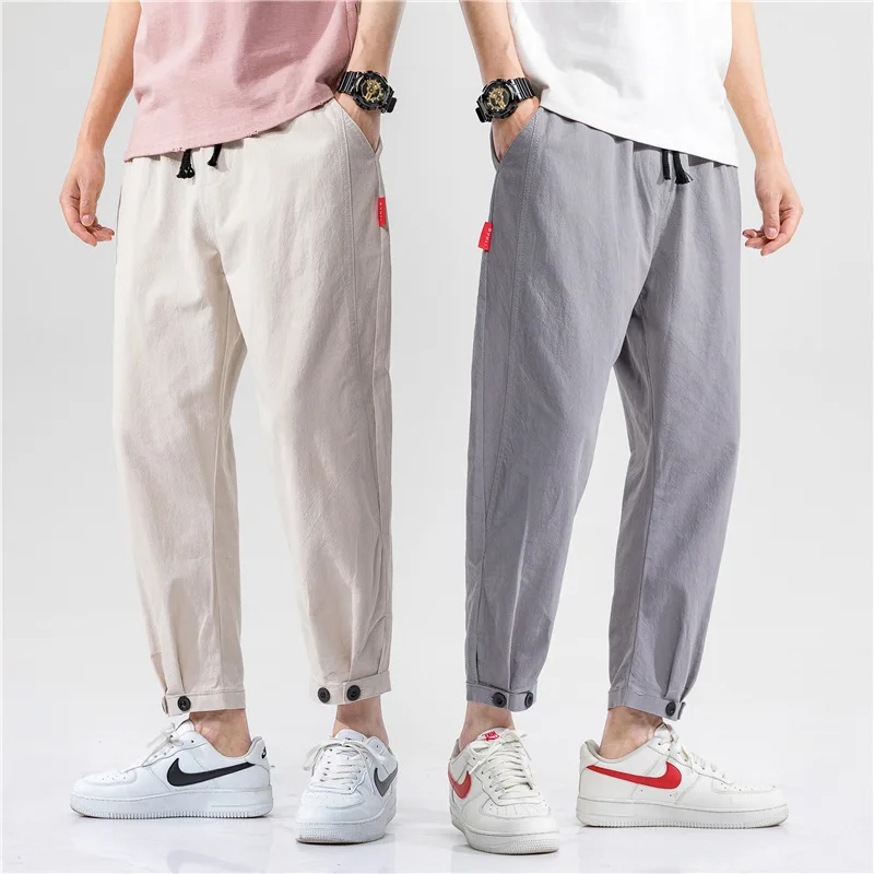 

Men's Loose Cotton Linen Cropped Trousers Trendy Straight Leg Casual Pants