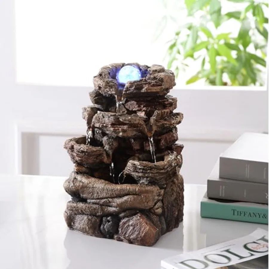 

Tabletop Waterfall Fountain with Glass Ball and Color Changing LED Indoor Decorative Waterfall for Home and Office Resin Natura