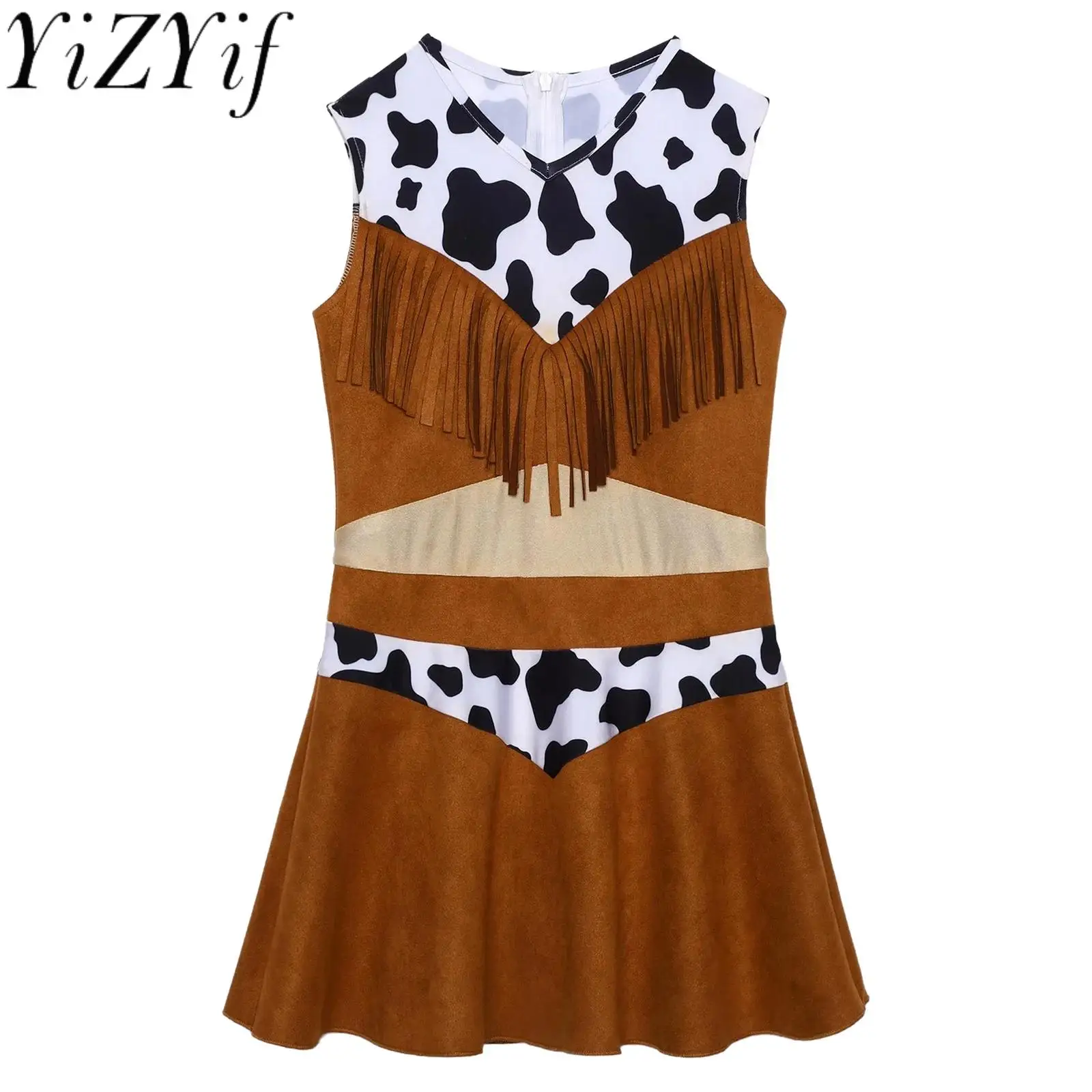 

Halloween Kids Girl Western Cowgirl Hippie Cosplay Costume Vintage Tassels Cow Print Brown A-Line Dress for Cowgirl Uniforms