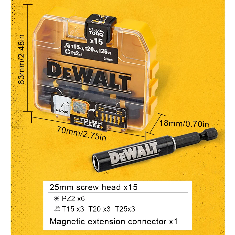 DEWALT DT70522T-QZ Magnetic Bit Storage Set 16pcs Original Screwdriver Bit Set 25mmX15PCS with Magnetic Extension Bit Holder