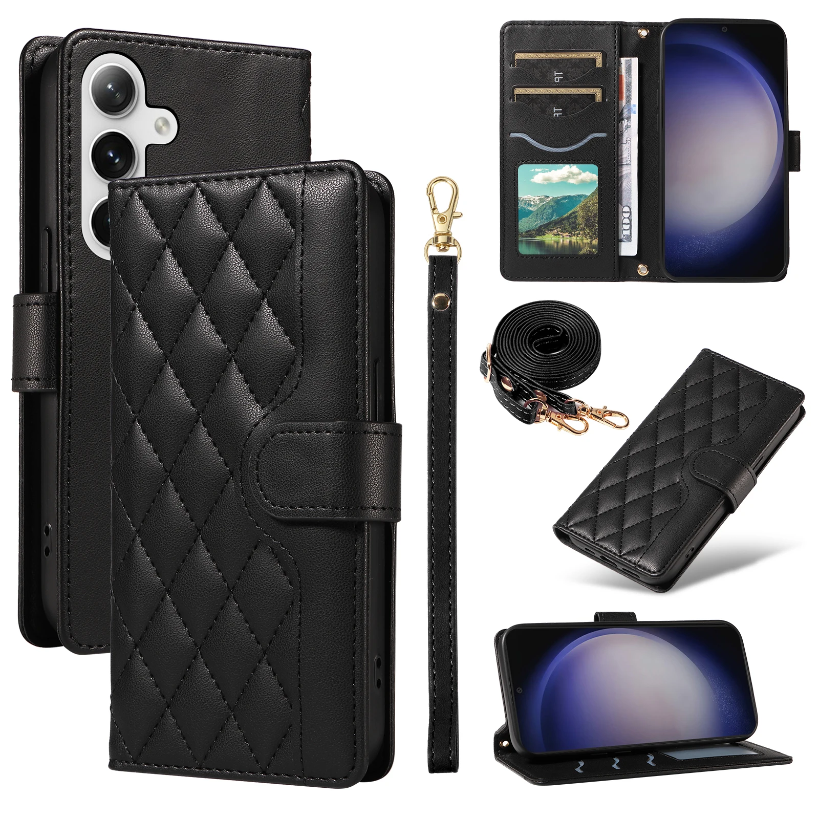 

Rhombus Leather Crossbody Wallet Phone Cover For Samsung Galaxy S23 FE 24 Plus Ultra A15 25 35 54 55 Fashion Phone Case