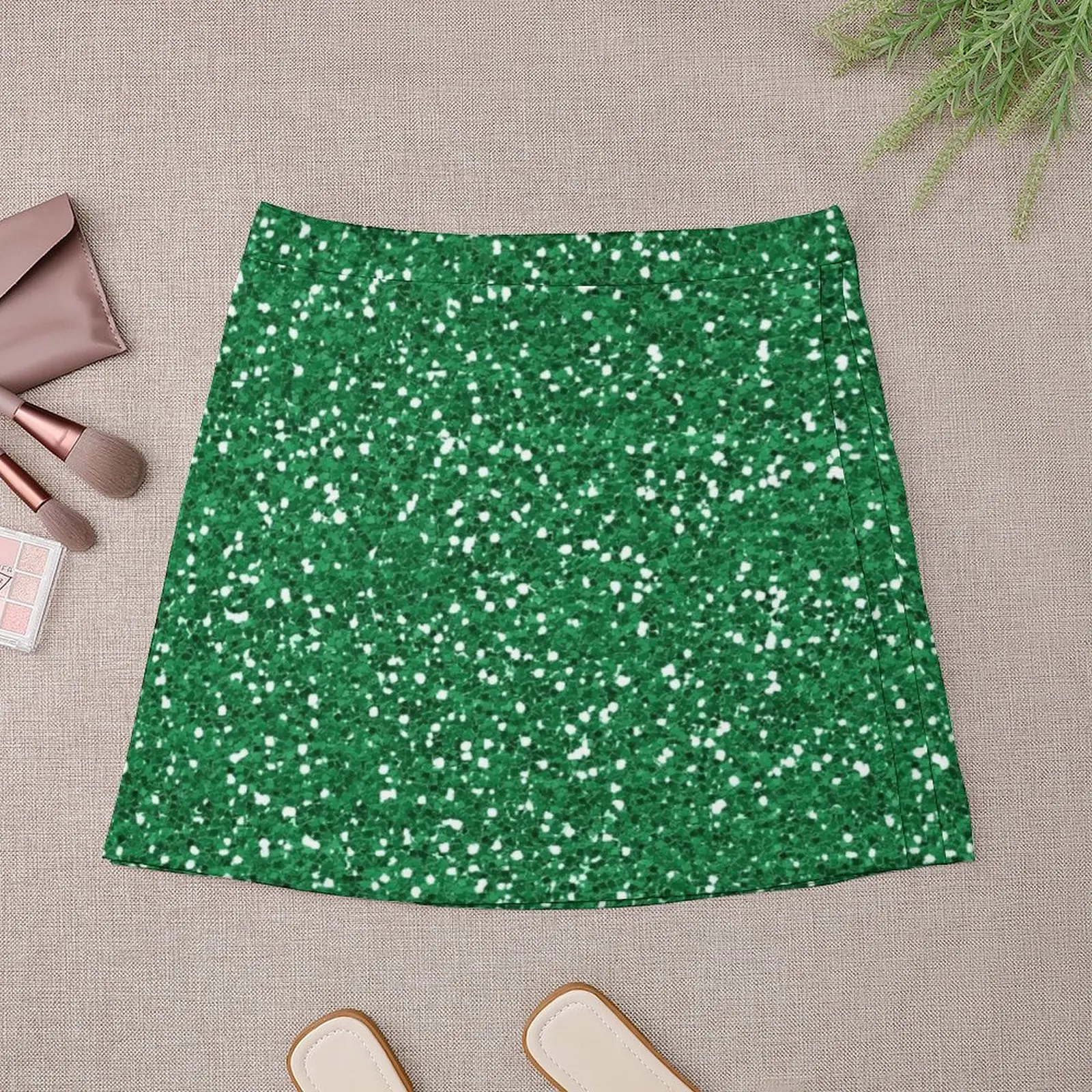 Rok Mini Glitter wanita, rok elegan untuk wanita, rok Mini berkilau hijau