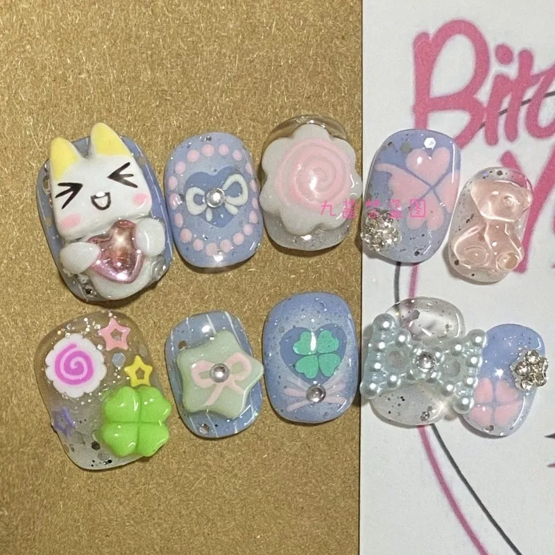 

Kawaii Toro Inoue Press on Nails Cartoon Cute Clover Cat Handmade Nail Art DIY Short Round Nails Finished Patches Girls Gifts