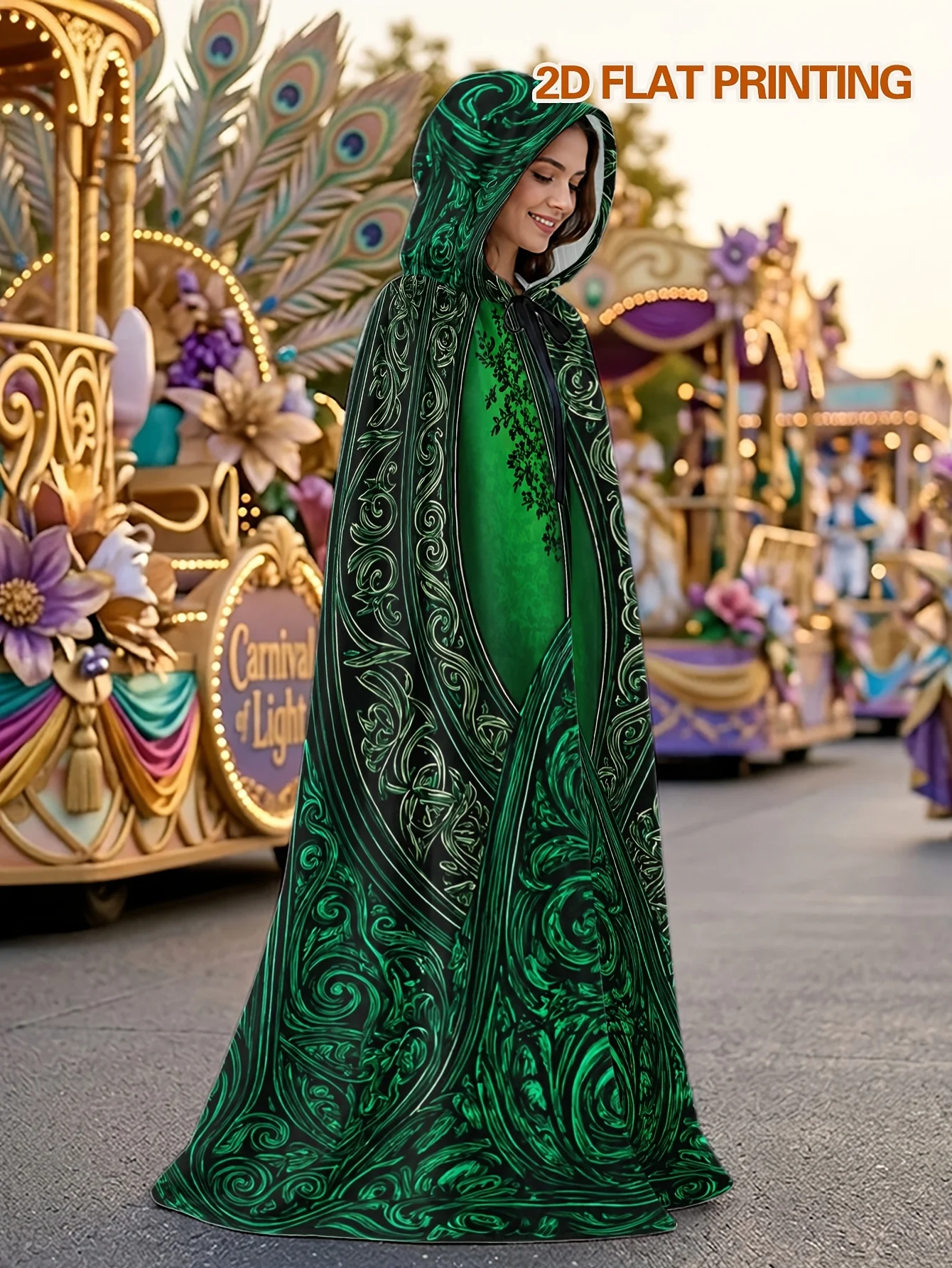 Customization 1pc Full-Body Costume Cape With Elegant Green Swirl Hooded Hooded Cape - Unisex Long Loose-Fit Hooded Cloak Suitab