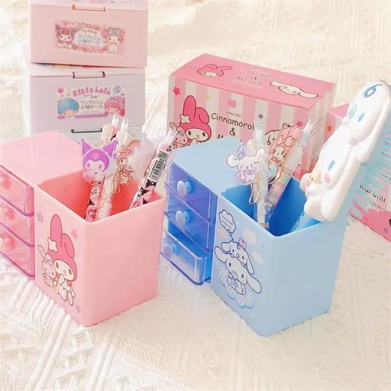 Sanrioed Cinnamoroll Pen Holder Cartoon Kuromi Multi-Layer Drawer Storage Box My Melody Cute Desktop Pen Box Anime Girl Gift