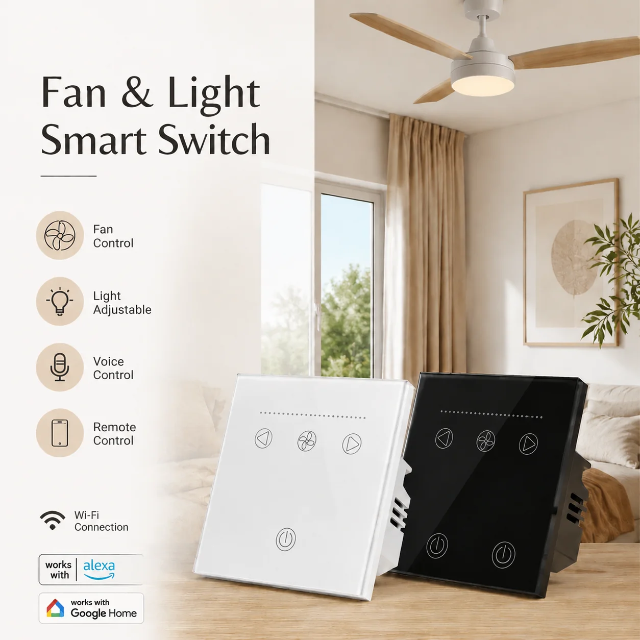 WiFi Smart Switch for Ceiling Fan Light EU Standard Compatible with Alexa/Google Assistant White/Black