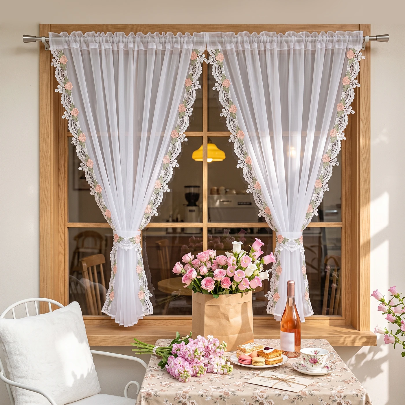 1 Stück Blumenmuster Bestickter Spitzenvorhang, Lichtfilternde Gardine für Schlafzimmer Wohnzimmer Küche, Warmes Einweihungsgeschenk