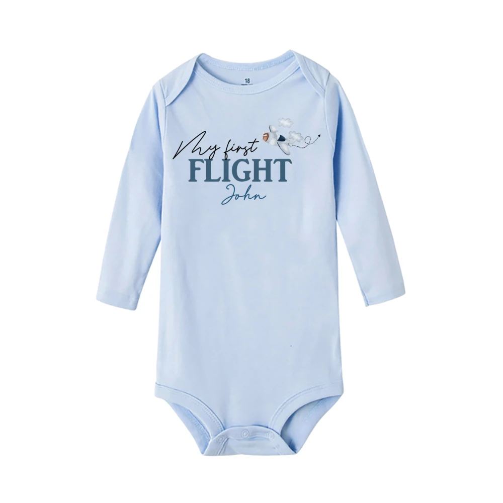 Personalized First Flight&Plane Bear Print Baby Romper Comfy Short Sleeve Newborn Bodysuit Baby\'s First Travel Commemoration