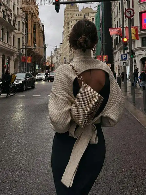 

Sexy Bal Lace up Knitted Pullover Faionable Turtlene Women's Loose Fit Ultra Thin Sweater Cleanfit Sle Inner Wear