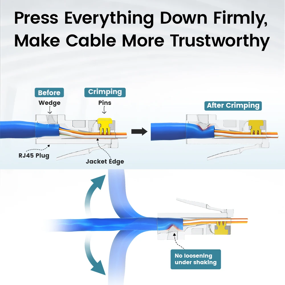 AMPCOM RJ45 Connector 50U Gold Plated CAT7 CAT6 CAT5E Pass through Modular Plug 8P8C Crimp End for Solid Wire Stanrded Ethernet