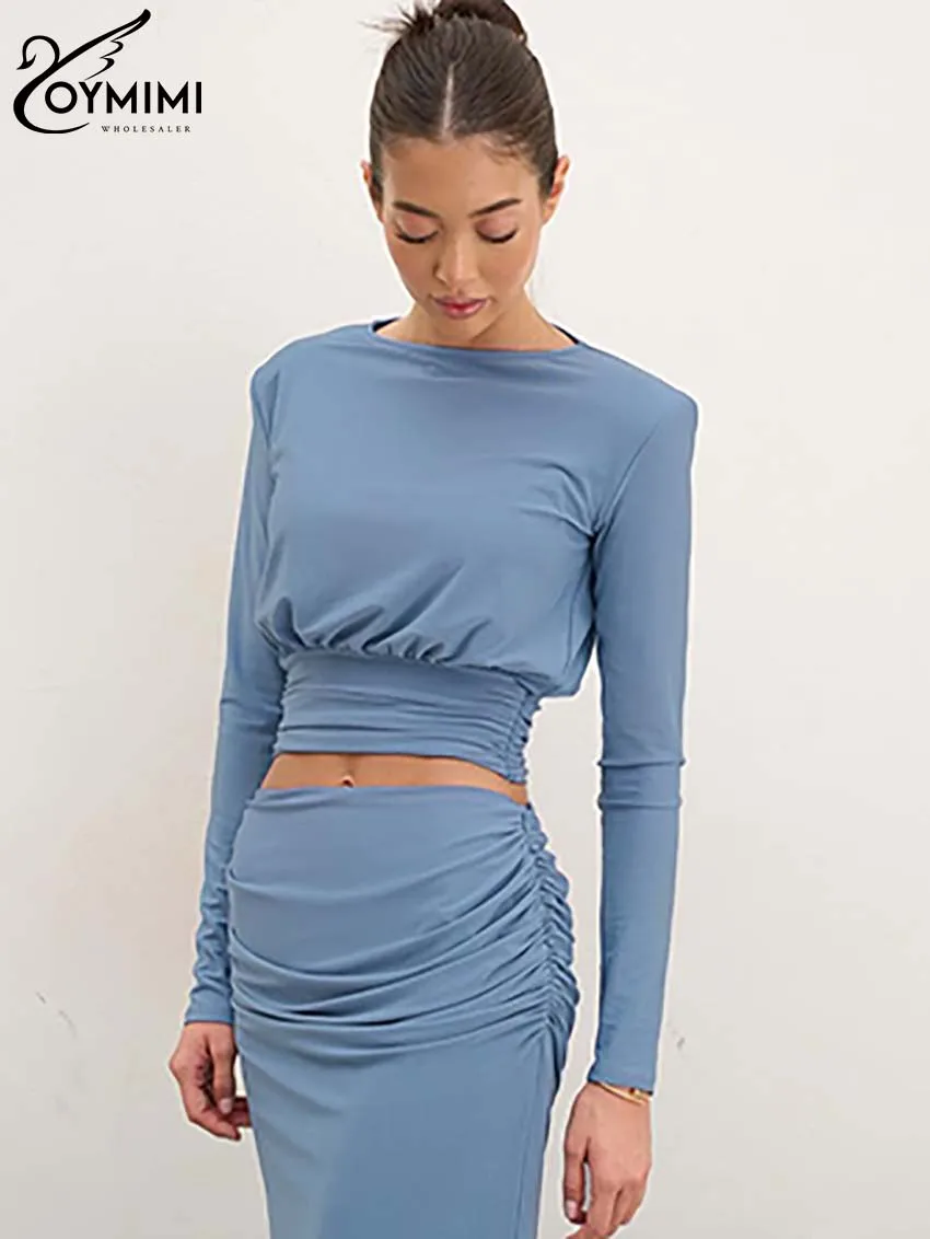 Oymimi Elegant Blue Slim 2 Piece Sets Women Outfit Fashion O-Neck Long Sleeve Crop Blouse And High Waist Floor-Length Skirts Set