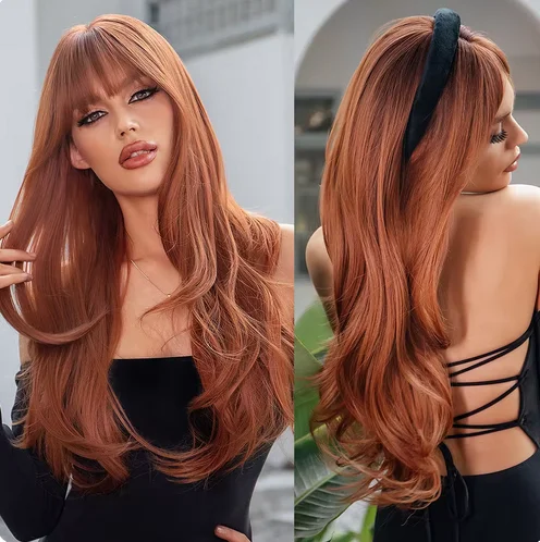 Red Brown Copper Ginger Long Straight Synthetic Wigs for Women Natural Wave Wigs with Bangs Heat Resistant Cosplay Hair