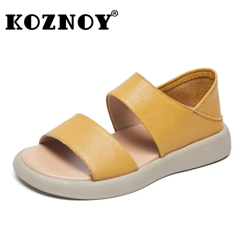 Koznoy 3.5cm Soft Genuine Leather Contoured Lightweiget Loafer Lady Summer Cozy Comfortable Well-fitting Peep Toe Rubber Shoes