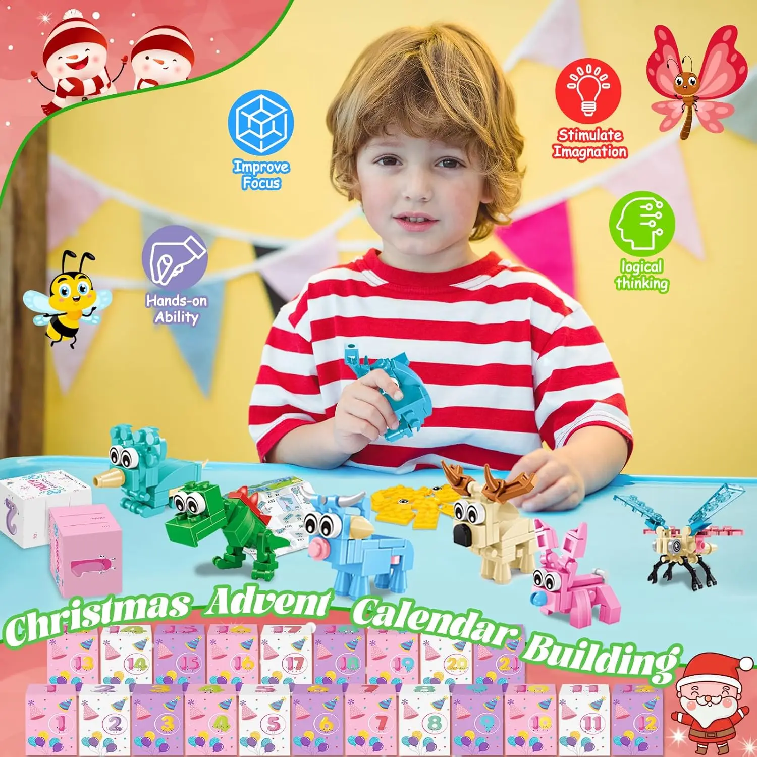 24 Packungen Tierbausteine, Countdown für Weihnachtsfeiern, Weihnachtsgeschenke für Kinder, Jungen und Mädchen im Alter von 4–12 Jahren