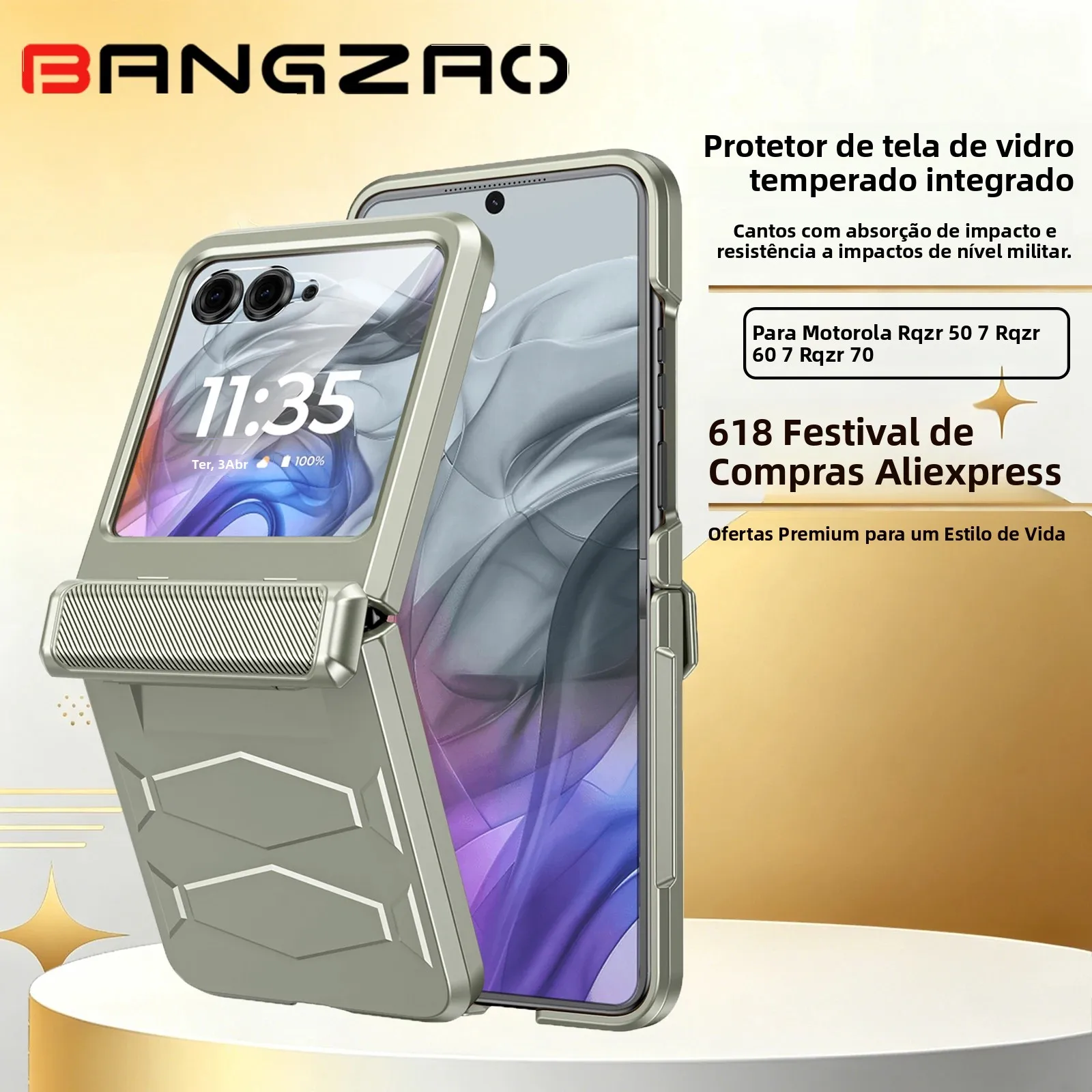 Promoção 618! Para Motorola Razr 50/60/70, Vidro Temperado HD Integrado, Proteção Contra Quedas de Grau Militar, Capa de Telefone com Proteção de Dobradiça - Titânio