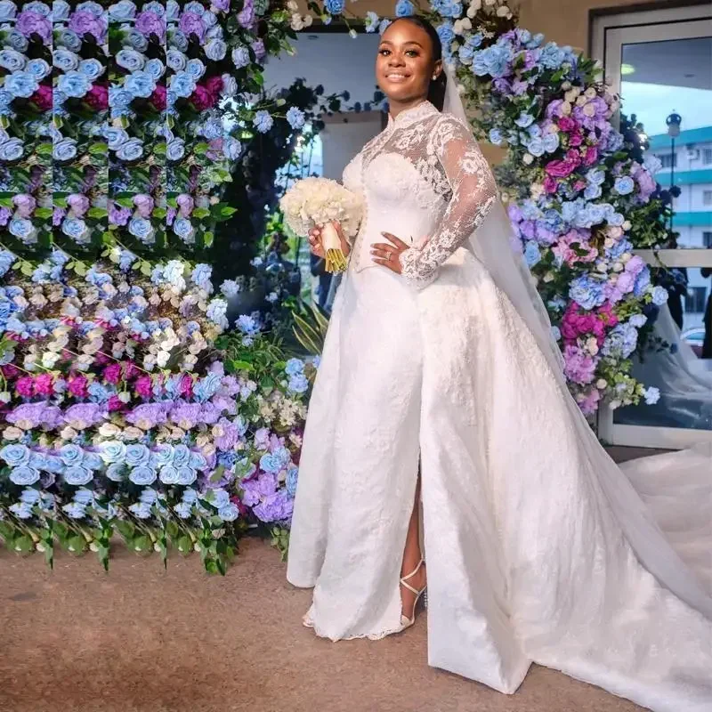 Customized New High Neck Long Sleeves Lace Vestido De Noiva Bridal Gowns With Detachable Train Plus Size African Bridal Gowns