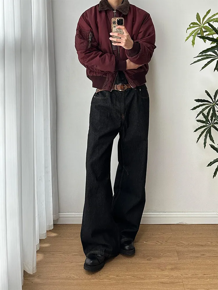 Retro American Bald Eagle Design Men's Straight Leg Jeans Original Cowhide Knife  Wear Resistant Casual Trousers view 3
