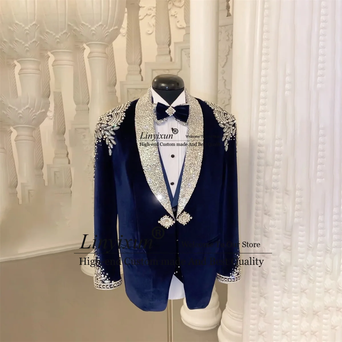 Exquisite Beads Men Suits Glitter Sequins Lapel Wedding Groom Tuxedos 3 Pieces Male Prom Party Blazer Vest Pants Costume Homme