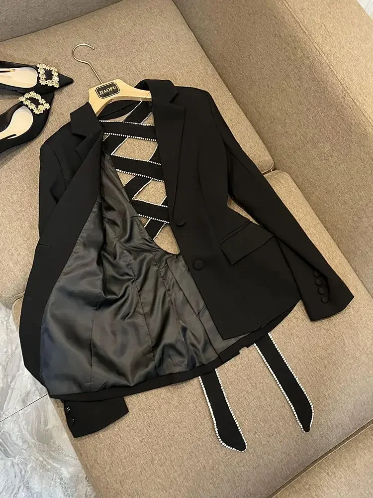 Suit Collar Sexy Strap Backless Diamond Black Blazer Mujer Vintage Fashion Korean Top Y2k Jacket Women Femme Coats