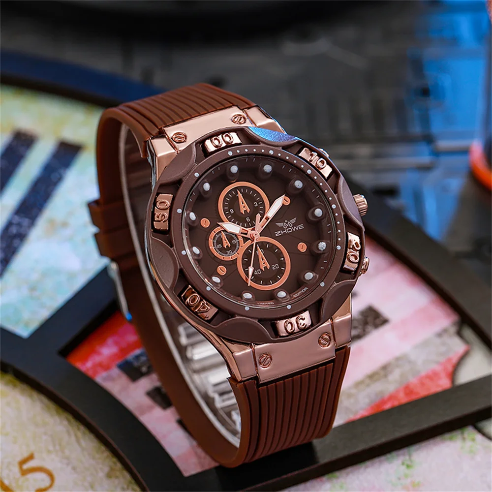 Men's Sports Watches Fashionable 2024 New Triple Bezel Design Quartz Watch Brown Silicone Military Clock Men Watches