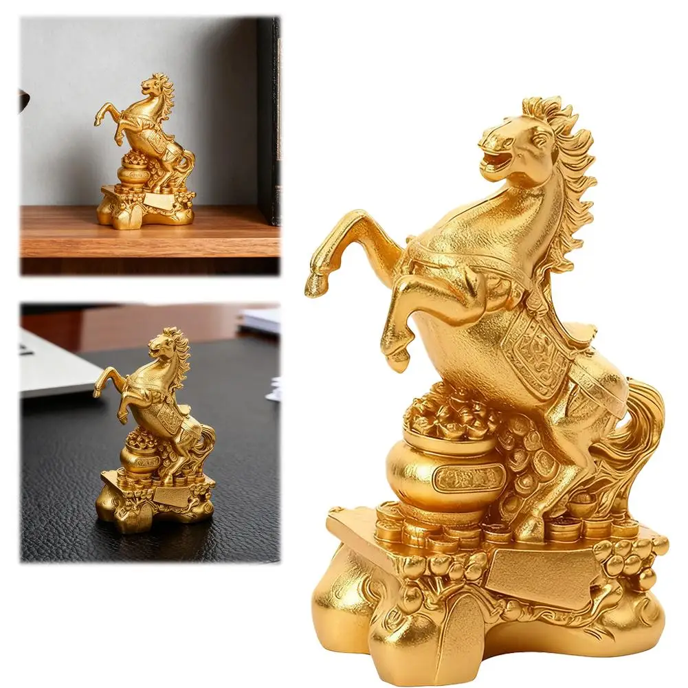 Vintage Golden Rearing Horse Sculpture with Treasure Pot Base, Chinese Style Horse Animal Figurine, Home Office Tabletop Decoration Collectible Craft Present