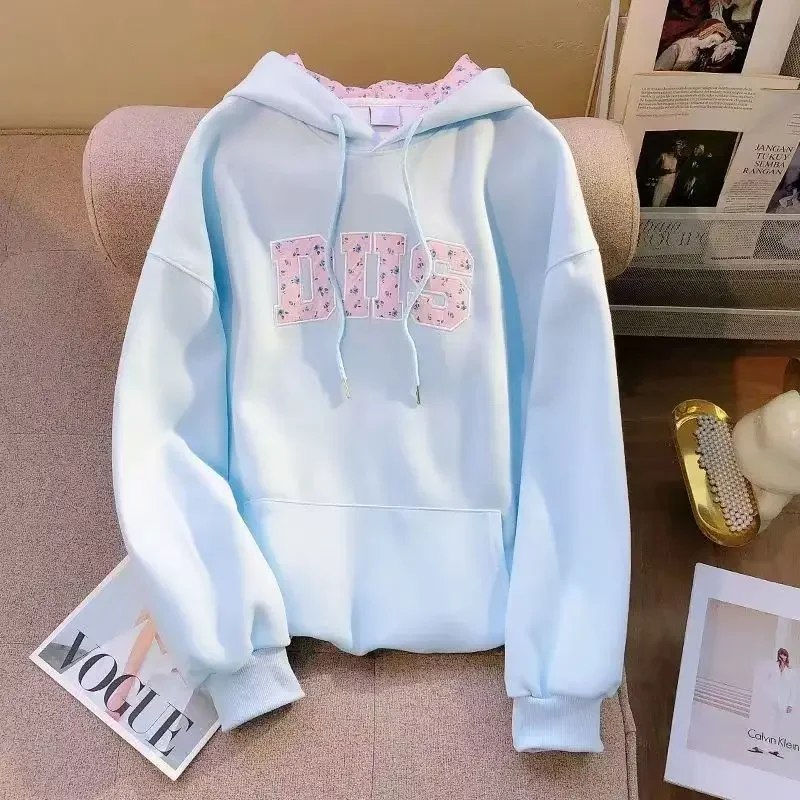 Pink Floral Letter Embroidery Drawstring Hooded Velvet Hoodie Women Sweatshirt Long Sleeve Korean Casual Winter Clothes Women