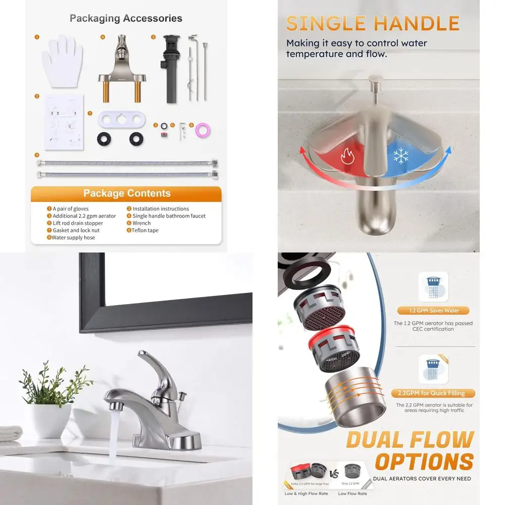 

4 Centerset Single Handle Low Arc Bathroom Faucet with Pop-Up Drain, Brushed Nickel Finish