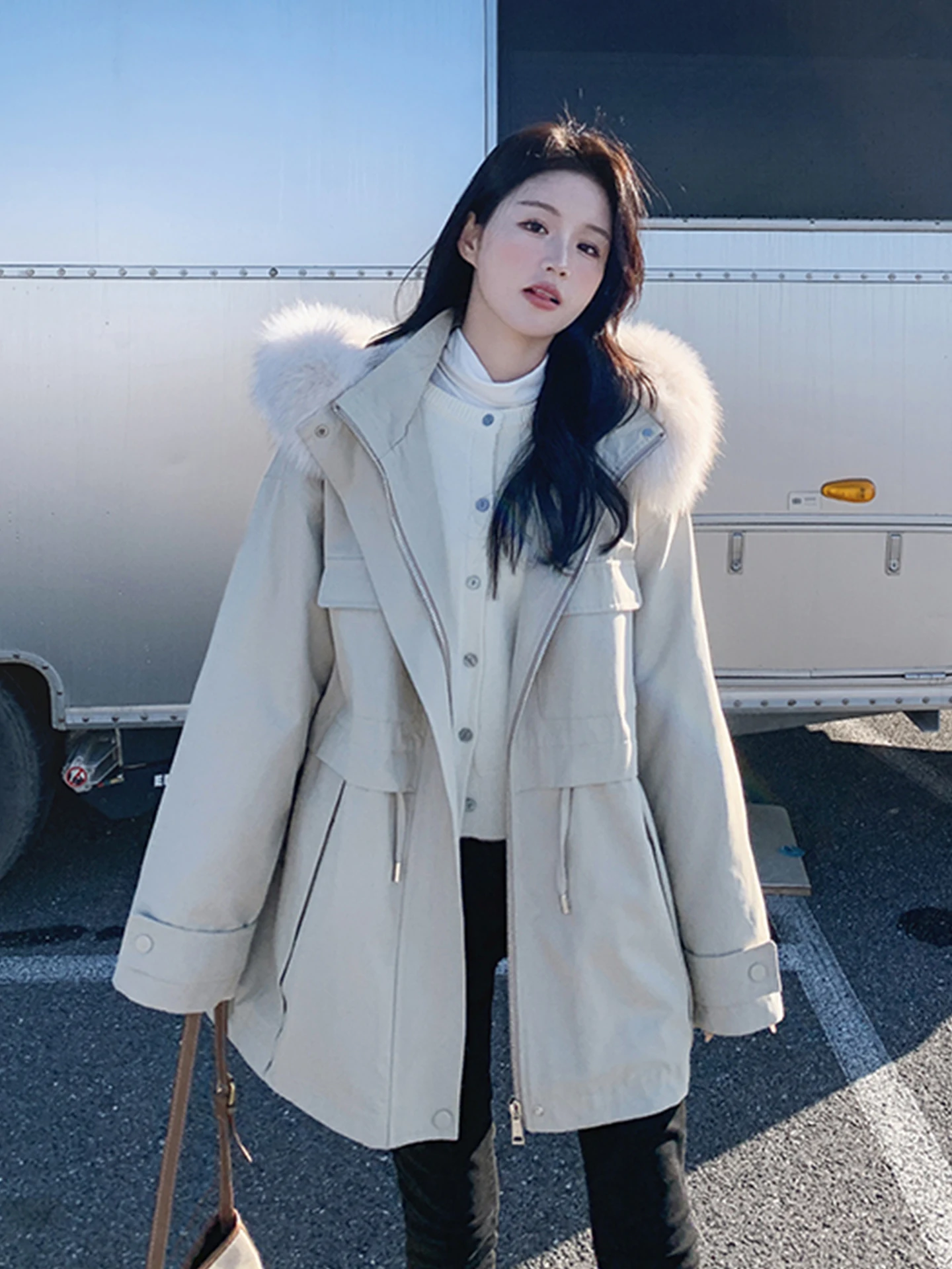 

plus Size Fce Lined Thiened Parka Coat Women's Hooded Waist Slimming High-End Feeling Cotton Jaet Outerwear